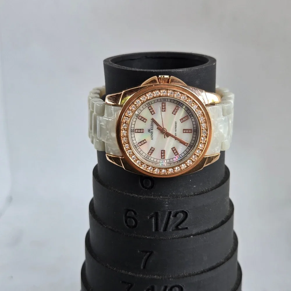 Anne Klein Women's Watch 10/9668 Rose Gold Tone White Resin Crystal Bezel 5.5